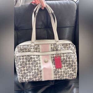 Used Coach Pink Gray Signature Heritage Stripe Satchel Handbag Purse